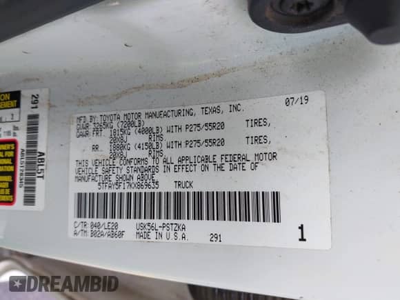 2019 Toyota Tundra SR5 with VIN 5TFAY5F17KX869635, listed as a IAAI auction lot 42239741 with 132,512 mi miles and . Bid and sale history available at DreamBid. Image 9.