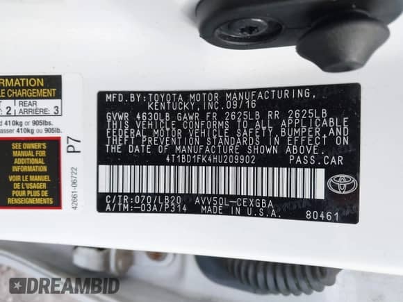 2017 Toyota Camry Hybrid LE с VIN 4T1BD1FK4HU209902, выставлен на аукционе IAAI как лот 42731603 с пробегом 124 053 миль миль и . История ставок и продаж доступна на DreamBid. Изображение 9.