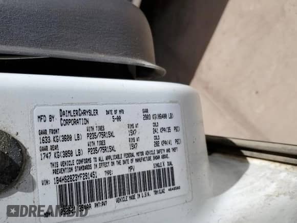 2000 Dodge Durango with VIN 1B4HS28Z3YF291451, listed as a Copart auction lot 49646545 with 126,009 mi miles and Salvage title. Bid and sale history available at DreamBid. Image 13.