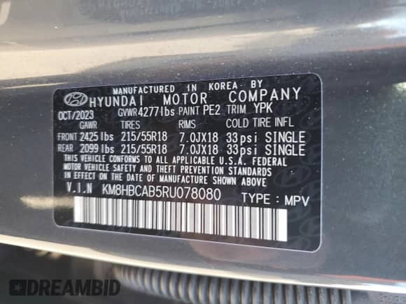 2024 Hyundai Kona SEL z VIN KM8HBCAB5RU078080, wystawiony jako Copart lot #89503275 z przebiegiem 55 044 mil mil oraz Szkoda całkowita • Salvage title. Historia ofert i sprzedaży dostępna na DreamBid. Obrazek 13.