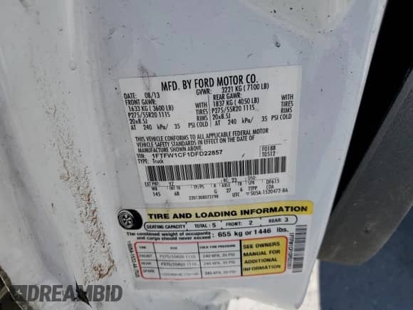 2013 Ford F-150 XL with VIN 1FTFW1CF1DFD22857, listed as a Copart auction lot 74128503 with Not provided miles and Salvage title. Bid and sale history available at DreamBid. Image 14.