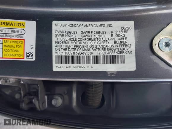 2020 Honda Accord EX-L z VIN 1HGCV1F52LA091036, wystawiony jako IAAI lot #43240274 z przebiegiem 101 358 mil mil oraz . Historia ofert i sprzedaży dostępna na DreamBid. Obrazek 9.