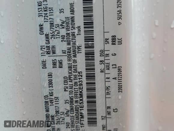 2021 Ford F-150 XL z VIN 1FTMF1E5XMKE93125, wystawiony jako Copart lot #79877134 z przebiegiem 61 418 mil mil oraz Nie do naprawy • Non repairable. Historia ofert i sprzedaży dostępna na DreamBid. Obrazek 13.