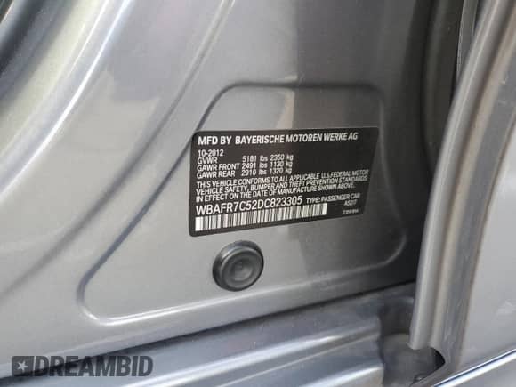 2013 BMW 5 Series 535i с VIN WBAFR7C52DC823305, выставлен на аукционе Copart как лот 70759635 с пробегом 132 377 миль миль и Списание • Salvage title. История ставок и продаж доступна на DreamBid. Изображение 12.