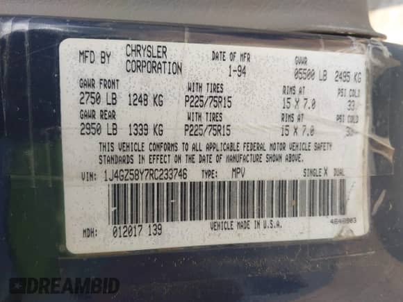 1994 Jeep Grand Cherokee Laredo with VIN 1J4GZ58Y7RC233746, listed as a IAAI auction lot 42722206 with 196,875 mi miles and . Bid and sale history available at DreamBid. Image 9.