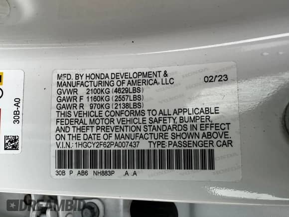 2023 Honda Accord EX-L с VIN 1HGCY2F62PA007437, выставлен на аукционе Copart как лот 50073835 с пробегом 265 060 миль миль и Чистый • Clean title. История ставок и продаж доступна на DreamBid. Изображение 10.