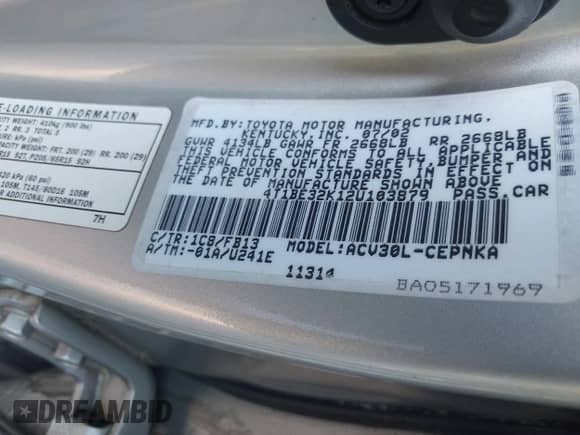 2002 Toyota Camry LE с VIN 4T1BE32K12U103879, выставлен на аукционе IAAI как лот 42328954 с пробегом 296 975 миль миль и . История ставок и продаж доступна на DreamBid. Изображение 9.