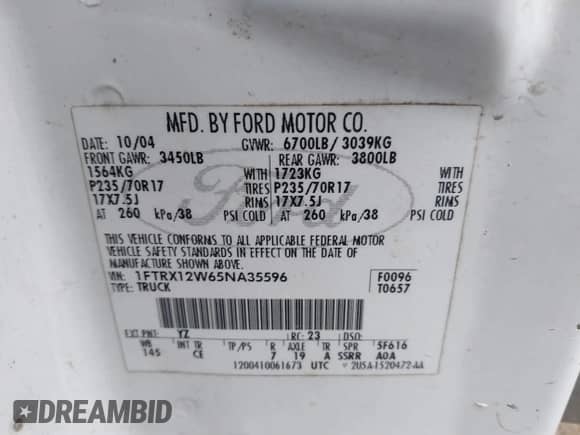 2005 Ford F-150 STX with VIN 1FTRX12W65NA35596, listed as a IAAI auction lot 41423591 with 401,332 mi miles and . Bid and sale history available at DreamBid. Image 9.