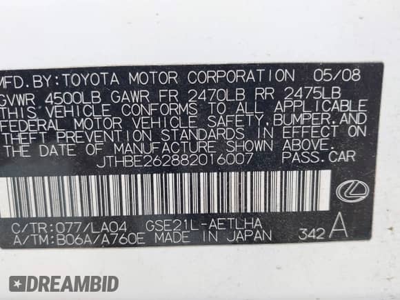 2008 Lexus IS 350 with VIN JTHBE262882016007, listed as a IAAI auction lot 42194725 with 72,052 mi miles and . Bid and sale history available at DreamBid. Image 9.