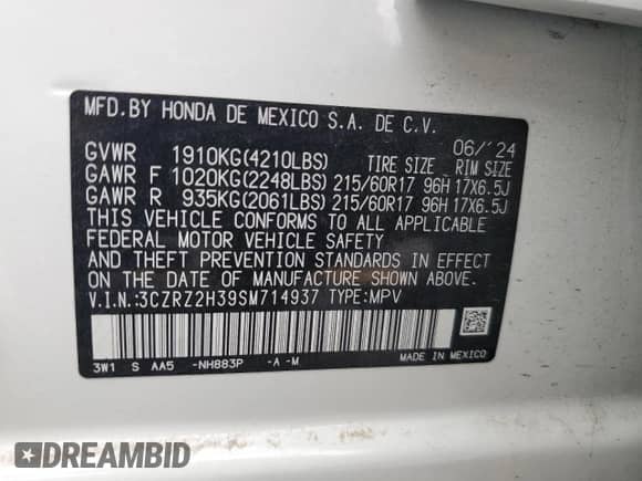 2025 Honda HR-V LX with VIN 3CZRZ2H39SM714937, listed as a Copart auction lot 69977555 with 10,989 mi miles and Salvage title. Bid and sale history available at DreamBid. Image 13.
