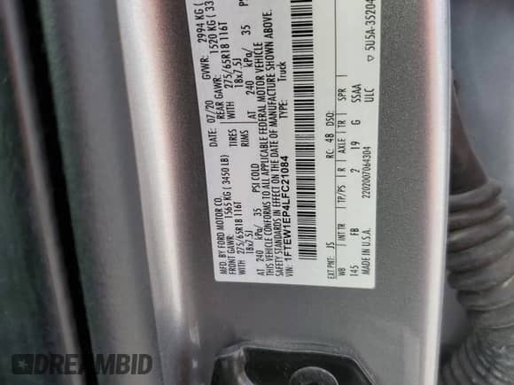 2020 Ford F-150 XL z VIN 1FTEW1EP4LFC21084, wystawiony jako Copart lot #87256525 z przebiegiem 98 503 mil mil oraz Szkoda całkowita • Salvage title. Historia ofert i sprzedaży dostępna na DreamBid. Obrazek 12.