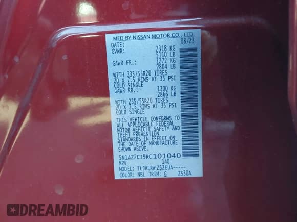 2024 Nissan Murano SL with VIN 5N1AZ2CJ9RC101040, listed as a IAAI auction lot 41228553 with 26,969 mi miles and . Bid and sale history available at DreamBid. Image 9.