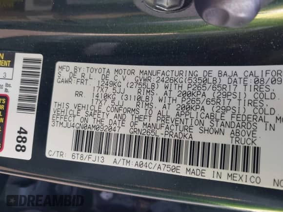 2010 Toyota Tacoma PreRunner with VIN 3TMJU4GN0AM092047, listed as a IAAI auction lot 42909450 with 180,192 mi miles and . Bid and sale history available at DreamBid. Image 9.