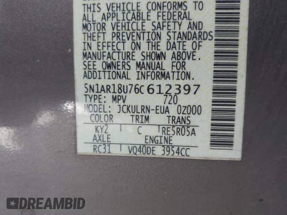 2006 Nissan Pathfinder SE с VIN 5N1AR18U76C612397, выставлен на аукционе IAAI как лот 42086164 с пробегом 260 567 миль миль и . История ставок и продаж доступна на DreamBid. Изображение 9.