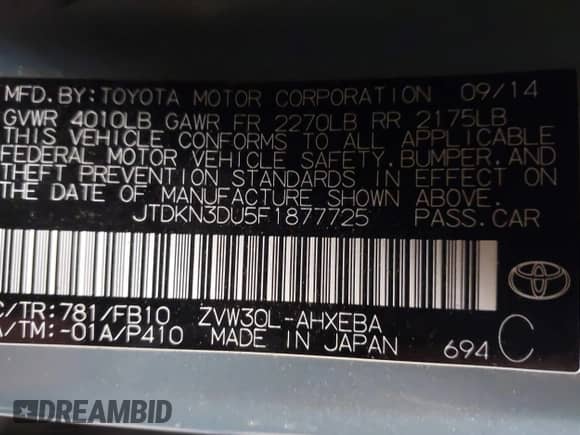 2015 Toyota Prius Four с VIN JTDKN3DU5F1877725, выставлен на аукционе IAAI как лот 41557495 с пробегом 32 729 миль миль и . История ставок и продаж доступна на DreamBid. Изображение 9.