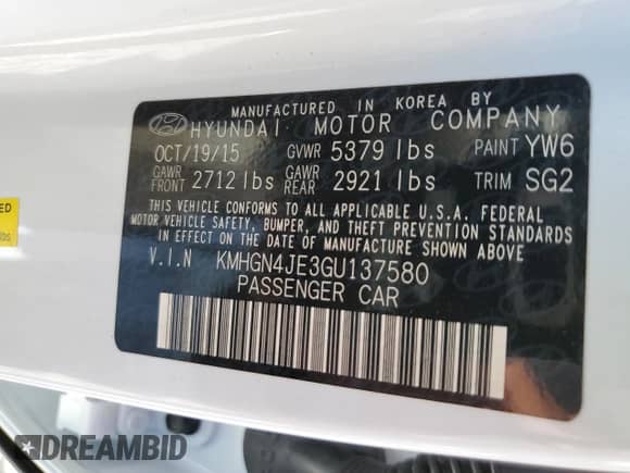 2016 Hyundai Genesis 3.8L z VIN KMHGN4JE3GU137580, wystawiony jako Copart lot #70506344 z przebiegiem 75 158 mil mil oraz Szkoda całkowita • Salvage title. Historia ofert i sprzedaży dostępna na DreamBid. Obrazek 12.