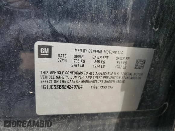 2014 Chevrolet Sonic LT с VIN 1G1JC5SB6E4240704, выставлен на аукционе Copart как лот 68332365 с пробегом 91 789 миль миль и Списание • Salvage title. История ставок и продаж доступна на DreamBid. Изображение 13.