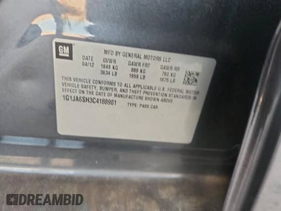 2012 Chevrolet Sonic LS with VIN 1G1JA6SH3C4188901, listed as a Copart auction lot 67853685 with 129,165 mi miles and Salvage title. Bid and sale history available at DreamBid. Image 13.