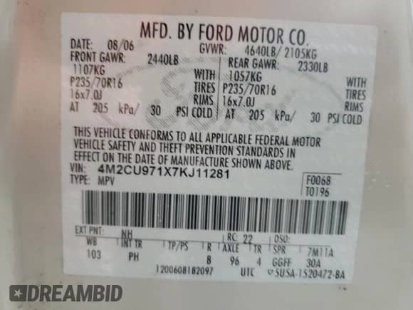 2007 Mercury Mariner Premier with VIN 4M2CU971X7KJ11281, listed as a Copart auction lot 70717105 with 149,938 mi miles and Salvage title. Bid and sale history available at DreamBid. Image 13.