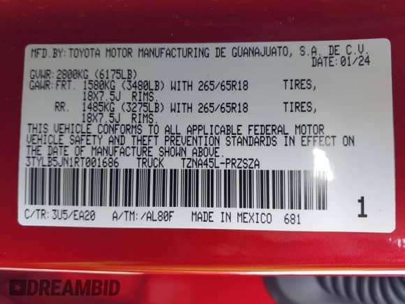 2024 Toyota Tacoma SR5 with VIN 3TYLB5JN1RT001686, listed as a IAAI auction lot 41071582 with 5,986 mi miles and . Bid and sale history available at DreamBid. Image 9.
