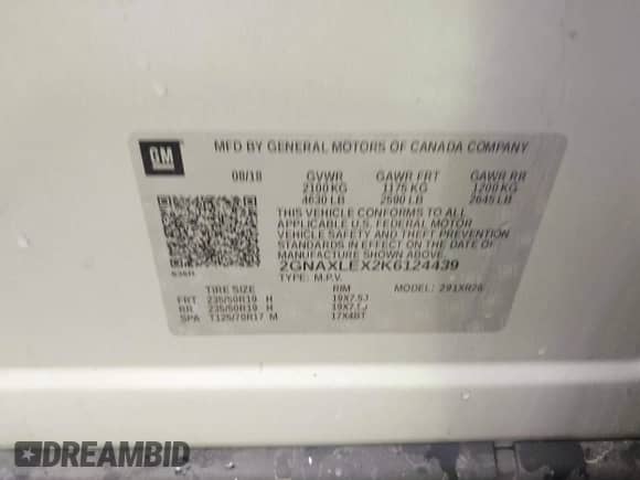 2019 Chevrolet Equinox LT with VIN 2GNAXLEX2K6124439, listed as a IAAI auction lot 43143103 with 164,091 mi miles and . Bid and sale history available at DreamBid. Image 9.