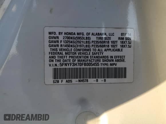 2015 Honda Pilot EX-L with VIN 5FNYF3H70FB005455, listed as a Copart auction lot 48408505 with 182,263 mi miles and Salvage title. Bid and sale history available at DreamBid. Image 15.