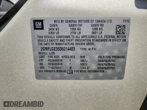 2013 Chevrolet Equinox LTZ with VIN 2GNFLGE35D6214483, listed as a Copart auction lot 62934455 with 79,999 mi miles and Salvage title. Bid and sale history available at DreamBid. Image 13.