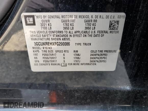 2015 Chevrolet Silverado 1500 LT with VIN 3GCUKREHXFG290086, listed as a Copart auction lot 56853315 with 127,294 mi miles and Clean title. Bid and sale history available at DreamBid. Image 12.