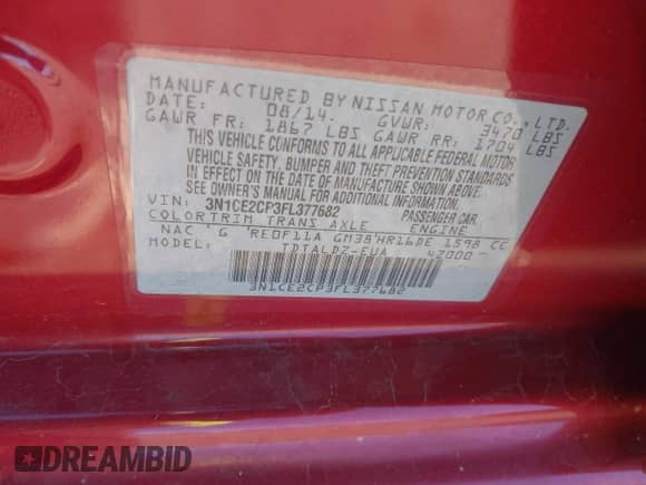 2015 Nissan Note SV z VIN 3N1CE2CP3FL377682, wystawiony jako IAAI lot #43414519 z przebiegiem 131 404 mil mil oraz . Historia ofert i sprzedaży dostępna na DreamBid. Obrazek 9.