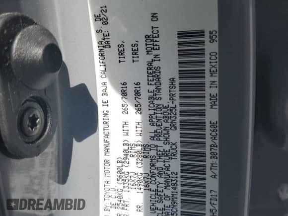 2021 Toyota Tacoma SR5 with VIN 3TMAZ5CN9MM148312, listed as a Copart auction lot 63611885 with 95,209 mi miles and Salvage title. Bid and sale history available at DreamBid. Image 13.
