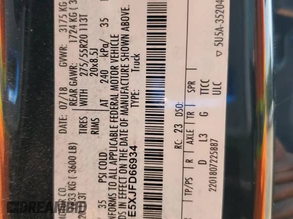 2018 Ford F-150 XL с VIN 1FTEW1E5XJFD66934, выставлен на аукционе Copart как лот 80637475 с пробегом Не указан миль и Списание • Salvage title. История ставок и продаж доступна на DreamBid. Изображение 12.