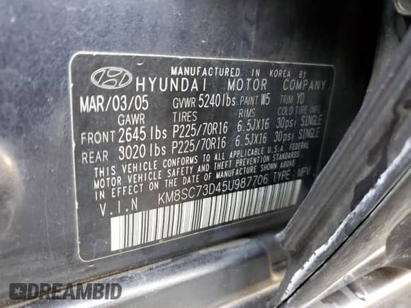 2005 Hyundai Santa Fe GLS с VIN KM8SC73D45U987706, выставлен на аукционе Copart как лот 77706174 с пробегом 160 646 миль миль и Списание • Salvage title. История ставок и продаж доступна на DreamBid. Изображение 13.