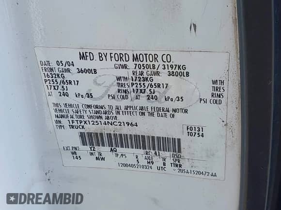 2004 Ford F-150 XL с VIN 1FTPX12514NC21964, выставлен на аукционе IAAI как лот 43385804 с пробегом 181 938 миль миль и . История ставок и продаж доступна на DreamBid. Изображение 9.