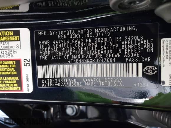 2019 Toyota Camry LE с VIN 4T1B11HKXKU247681, выставлен на аукционе IAAI как лот 43248663 с пробегом 92 571 миль миль и . История ставок и продаж доступна на DreamBid. Изображение 9.