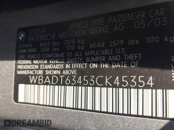 2003 BMW 5 Series 530i с VIN WBADT63453CK45354, выставлен на аукционе IAAI как лот 43345025 с пробегом 141 399 миль миль и . История ставок и продаж доступна на DreamBid. Изображение 9.