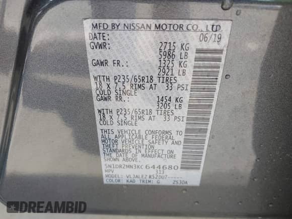 2019 Nissan Pathfinder SV with VIN 5N1DR2MN3KC644680, listed as a IAAI auction lot 42672096 with 126,755 mi miles and . Bid and sale history available at DreamBid. Image 9.