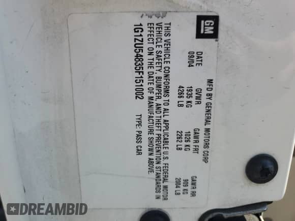 2005 Chevrolet Malibu LT z VIN 1G1ZU54835F151002, wystawiony jako Copart lot #81576735 z przebiegiem 153 081 mil mil oraz Szkoda całkowita • Salvage title. Historia ofert i sprzedaży dostępna na DreamBid. Obrazek 12.