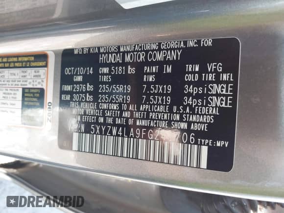 2015 Hyundai Santa Fe с VIN 5XYZW4LA9FG241706, выставлен на аукционе IAAI как лот 42896953 с пробегом 153 668 миль миль и . История ставок и продаж доступна на DreamBid. Изображение 9.