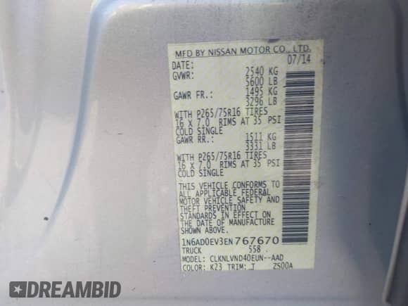 2014 Nissan Frontier S with VIN 1N6AD0EV3EN767670, listed as a IAAI auction lot 43559431 with 127,853 mi miles and . Bid and sale history available at DreamBid. Image 9.