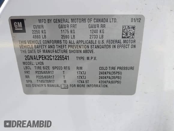 2012 Chevrolet Equinox 2LT with VIN 2GNALPEK2C1226541, listed as a IAAI auction lot 42870318 with 248,805 mi miles and . Bid and sale history available at DreamBid. Image 9.