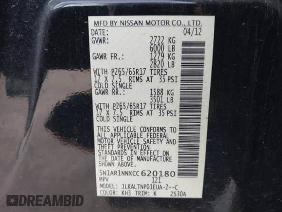 2012 Nissan Pathfinder SV with VIN 5N1AR1NNXCC620180, listed as a IAAI auction lot 42769422 with Not provided miles and . Bid and sale history available at DreamBid. Image 9.