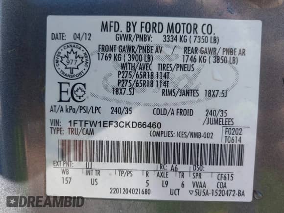 2012 Ford F-150 FX4 with VIN 1FTFW1EF3CKD66460, listed as a IAAI auction lot 42778120 with 242,788 mi miles and . Bid and sale history available at DreamBid. Image 9.