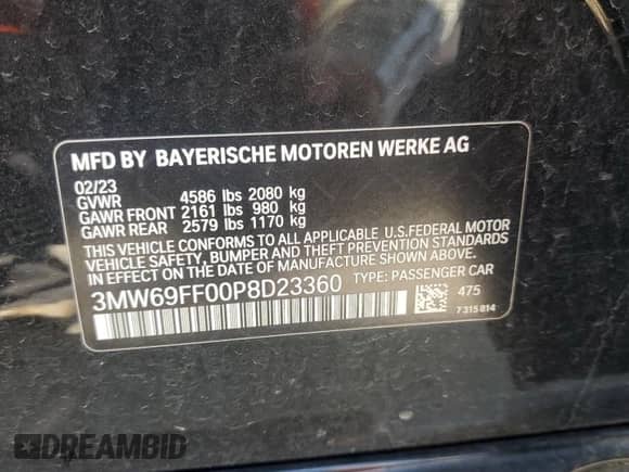 2023 BMW 3 Series 330i z VIN 3MW69FF00P8D23360, wystawiony jako Copart lot #71979715 z przebiegiem Nie podano mil oraz Szkoda całkowita • Salvage title. Historia ofert i sprzedaży dostępna na DreamBid. Obrazek 12.