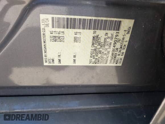 2014 Nissan Maxima S z VIN 1N4AA5AP1EC490793, wystawiony jako IAAI lot #42945625 z przebiegiem 119 925 mil mil oraz . Historia ofert i sprzedaży dostępna na DreamBid. Obrazek 9.