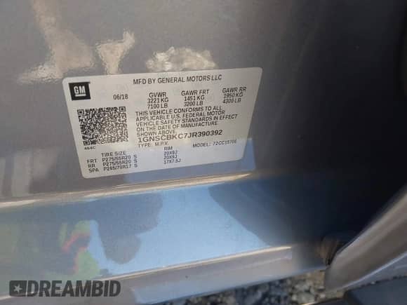 2018 Chevrolet Tahoe LT z VIN 1GNSCBKC7JR390392, wystawiony jako IAAI lot #43091185 z przebiegiem 88 758 mil mil oraz . Historia ofert i sprzedaży dostępna na DreamBid. Obrazek 9.