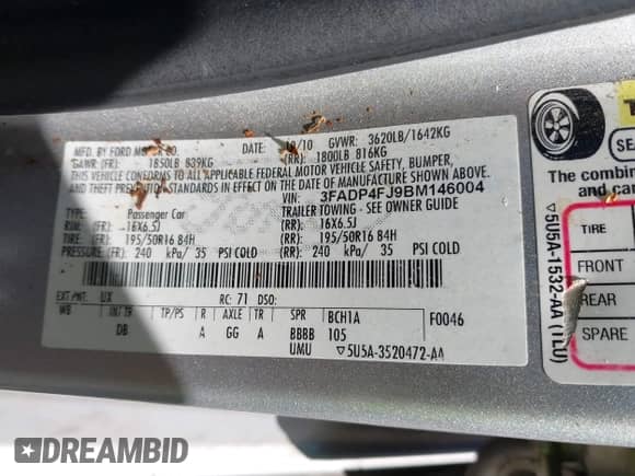 2011 Ford Fiesta SES with VIN 3FADP4FJ9BM146004, listed as a IAAI auction lot 43277473 with 147,864 mi miles and . Bid and sale history available at DreamBid. Image 9.