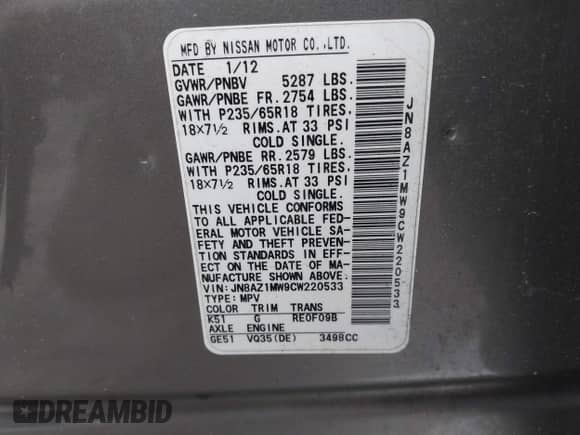 2012 Nissan Murano S with VIN JN8AZ1MW9CW220533, listed as a IAAI auction lot 41492825 with 150,409 mi miles and . Bid and sale history available at DreamBid. Image 9.