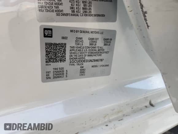 2022 Chevrolet Silverado 1500 LT с VIN 1GCUDDED1NZ646787, выставлен на аукционе Copart как лот 63601375 с пробегом 48 754 миль миль и Списание • Salvage title. История ставок и продаж доступна на DreamBid. Изображение 12.