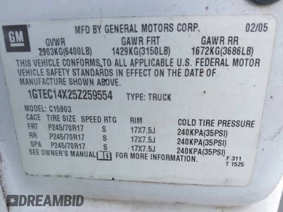 2005 GMC Sierra 1500 Work Truck z VIN 1GTEC14X25Z259554, wystawiony jako IAAI lot #41767027 z przebiegiem Nie podano mil oraz . Historia ofert i sprzedaży dostępna na DreamBid. Obrazek 9.