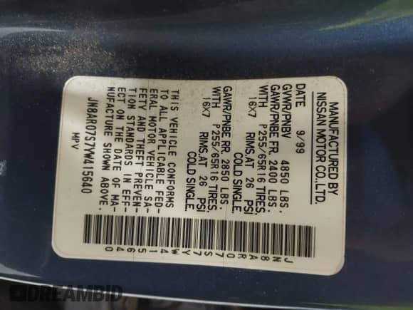 2000 Nissan Pathfinder XE with VIN JN8AR07S7YW415640, listed as a IAAI auction lot 42618320 with 292,373 mi miles and . Bid and sale history available at DreamBid. Image 9.